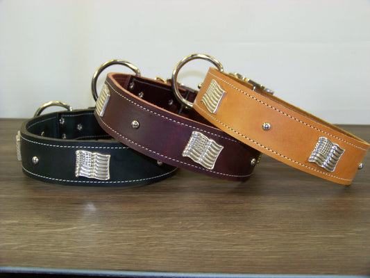 D) Durable Latigo Leather Dog Collar- 1-1/2" Wide- Flag Conchos with Dome Rivets