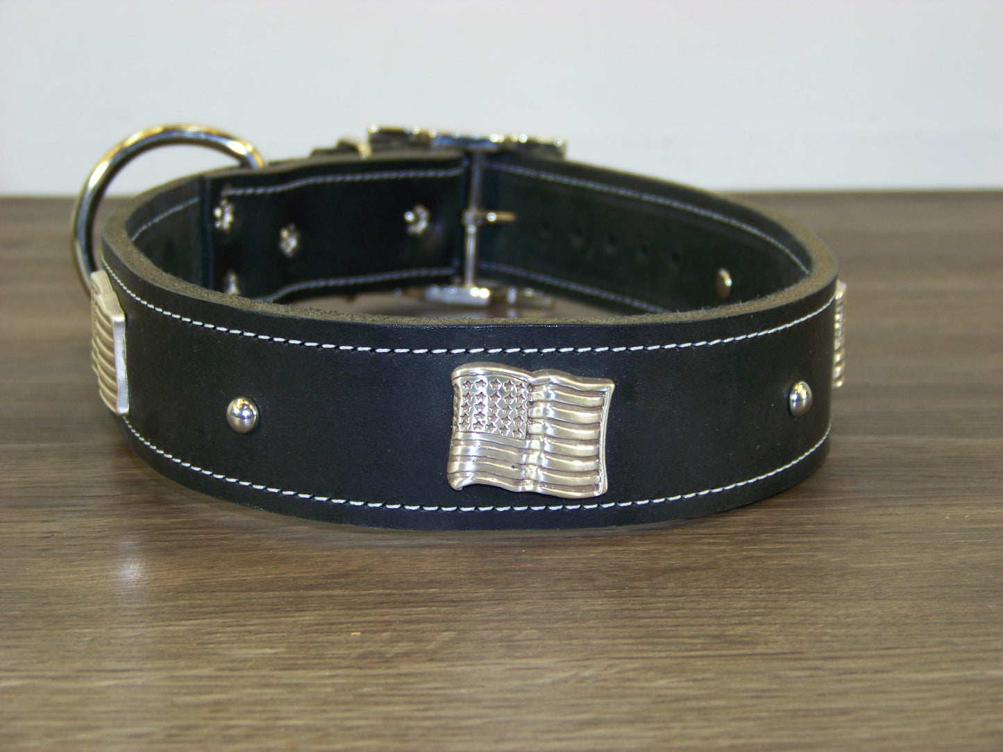 D) Durable Latigo Leather Dog Collar- 1-1/2" Wide- Flag Conchos with Dome Rivets