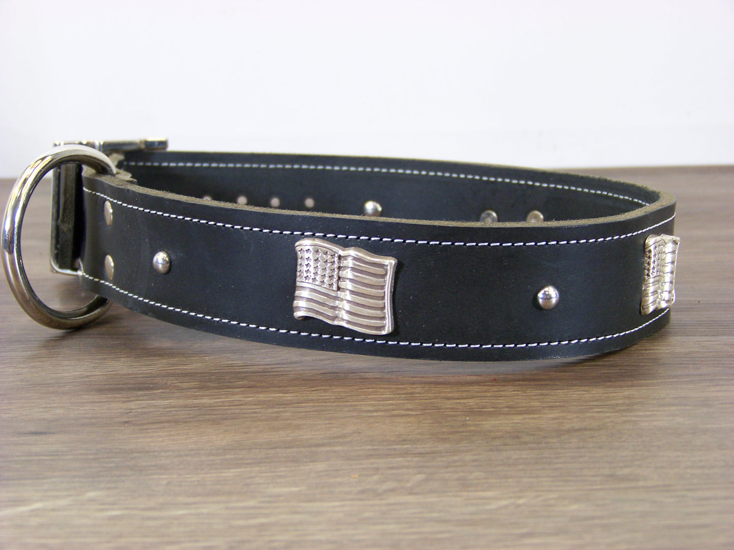 D) Durable Latigo Leather Dog Collar- 1-1/2" Wide- Flag Conchos with Dome Rivets