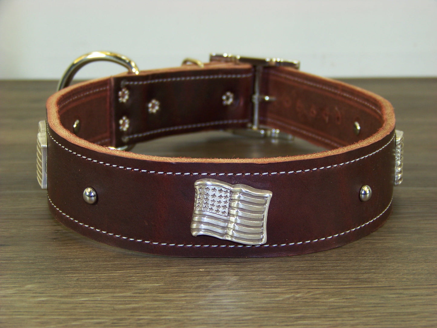 D) Durable Latigo Leather Dog Collar- 1-1/2" Wide- Flag Conchos with Dome Rivets