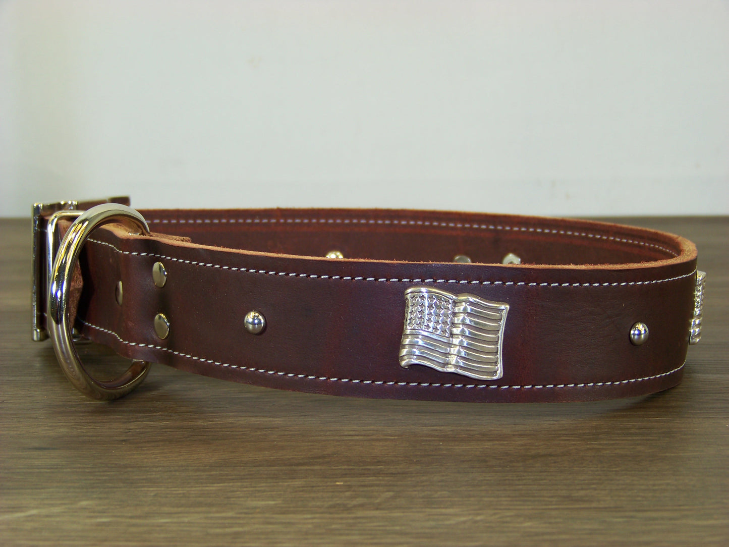 D) Durable Latigo Leather Dog Collar- 1-1/2" Wide- Flag Conchos with Dome Rivets