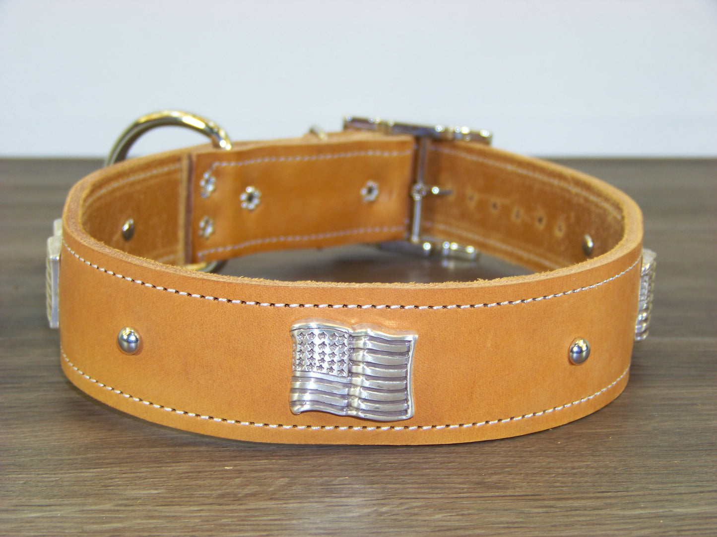 D) Durable Latigo Leather Dog Collar- 1-1/2" Wide- Flag Conchos with Dome Rivets