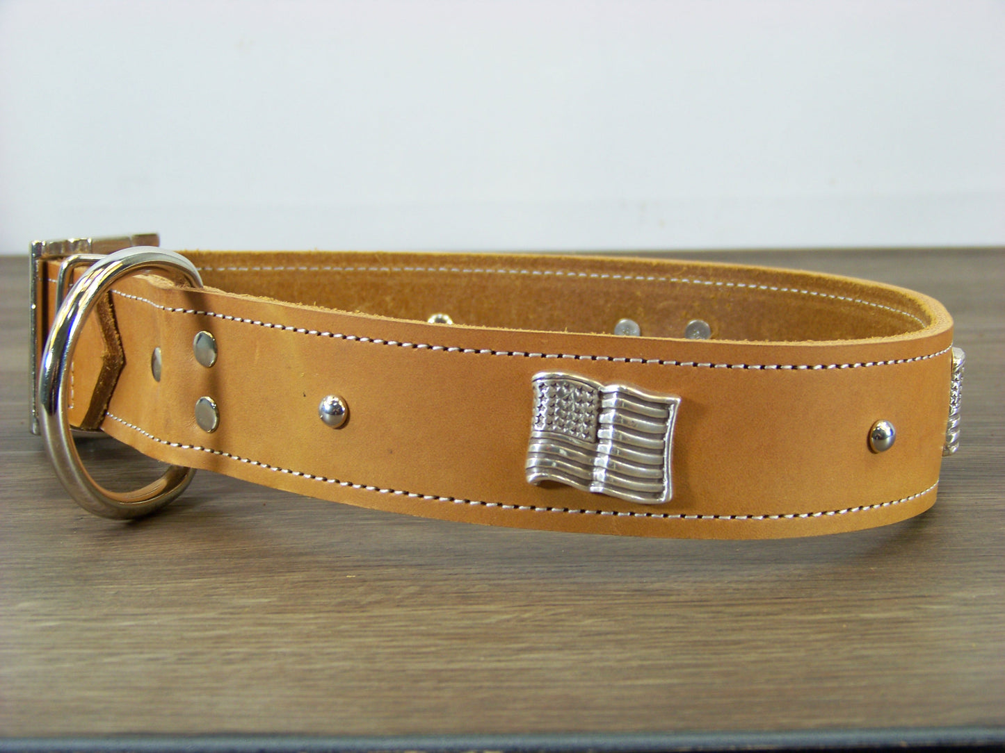 D) Durable Latigo Leather Dog Collar- 1-1/2" Wide- Flag Conchos with Dome Rivets