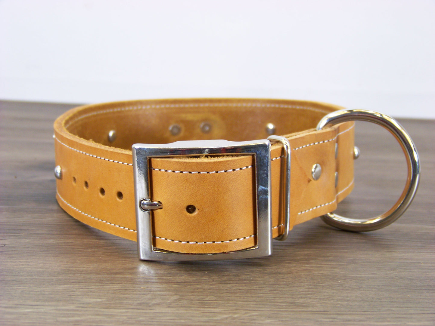 D) Durable Latigo Leather Dog Collar- 1-1/2" Wide- Flag Conchos with Dome Rivets