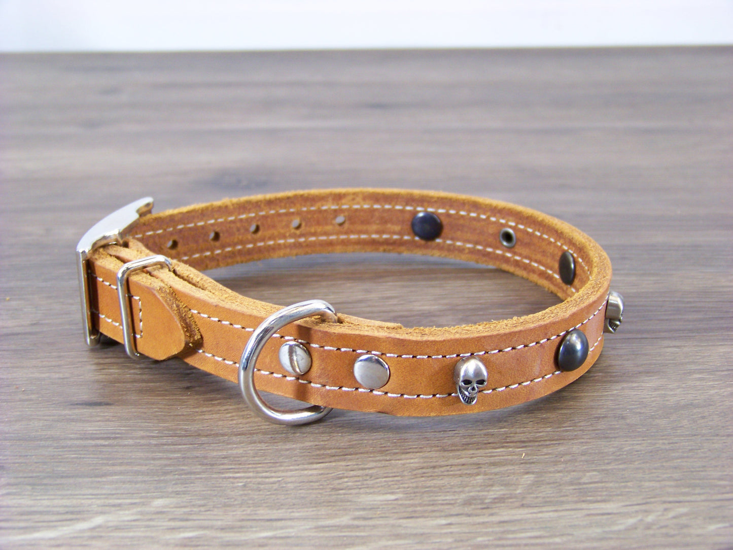 B) SALE - Durable Latigo Leather Dog Collar- 3/4" Wide- Skull Concho W/ Dome Rivets.