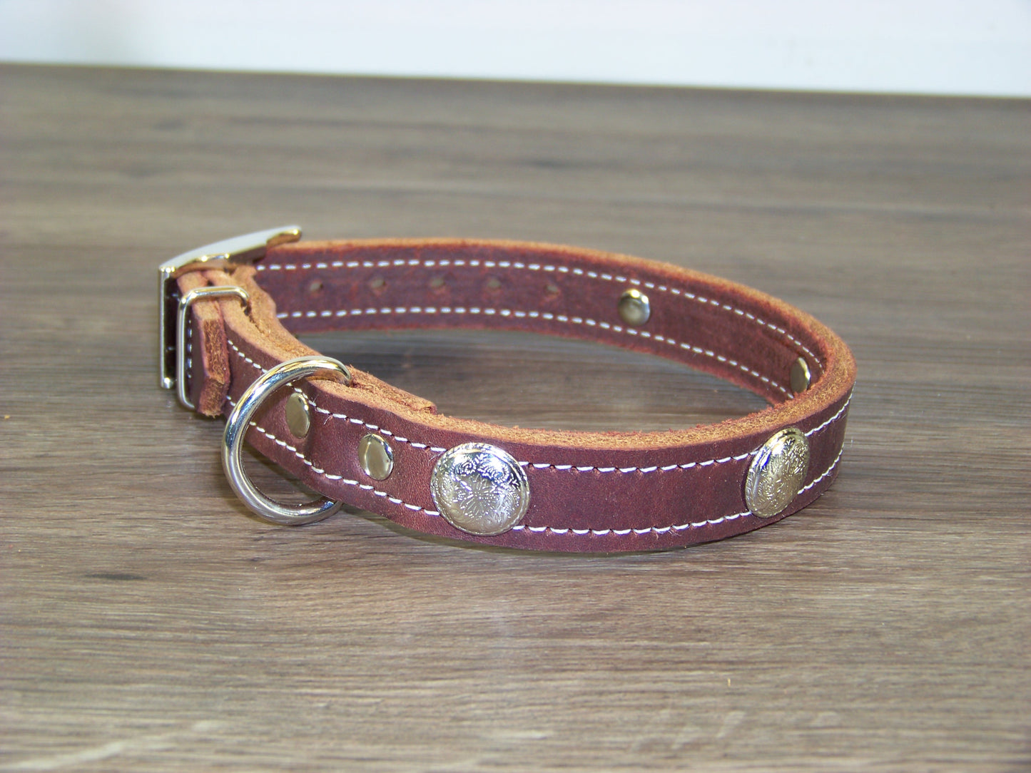 B) SALE - Durable Latigo Leather Dog Collar- 3/4" Wide- Stainless Western Concho Accents