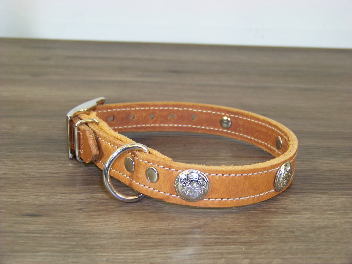 B) SALE - Durable Latigo Leather Dog Collar- 3/4" Wide- Stainless Western Concho Accents