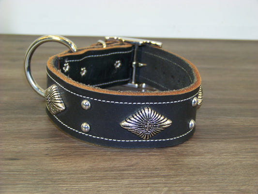 D) SALE - Durable Latigo Leather Dog Collar- 1-1/2" Wide- Aztec Conchos and Dome Rivets