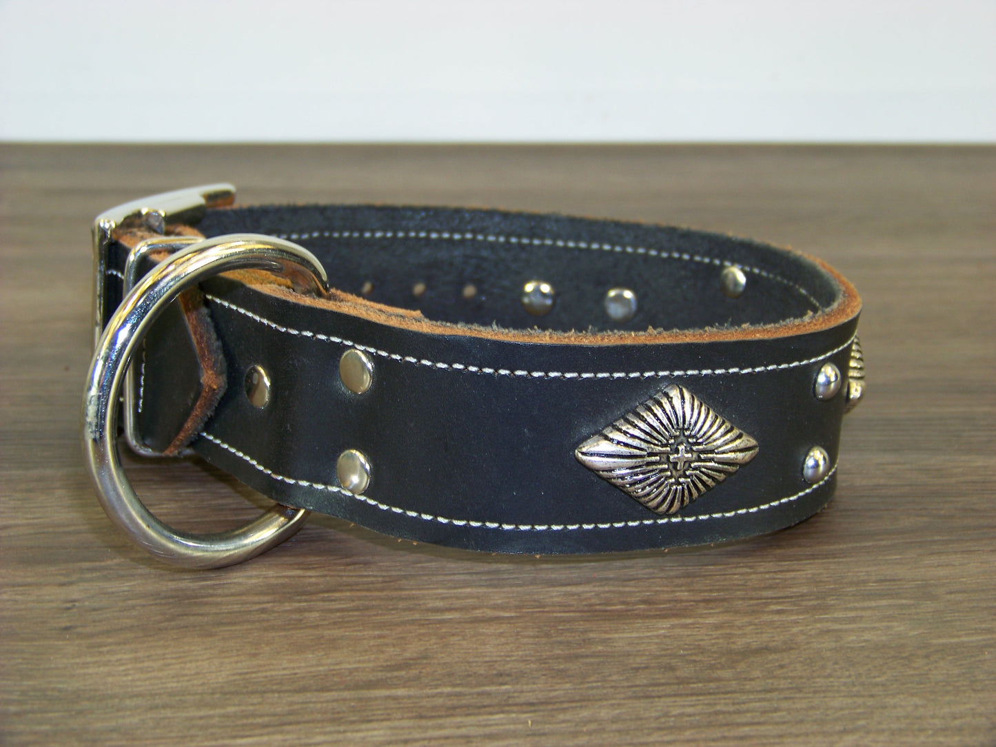 D) SALE - Durable Latigo Leather Dog Collar- 1-1/2" Wide- Aztec Conchos and Dome Rivets