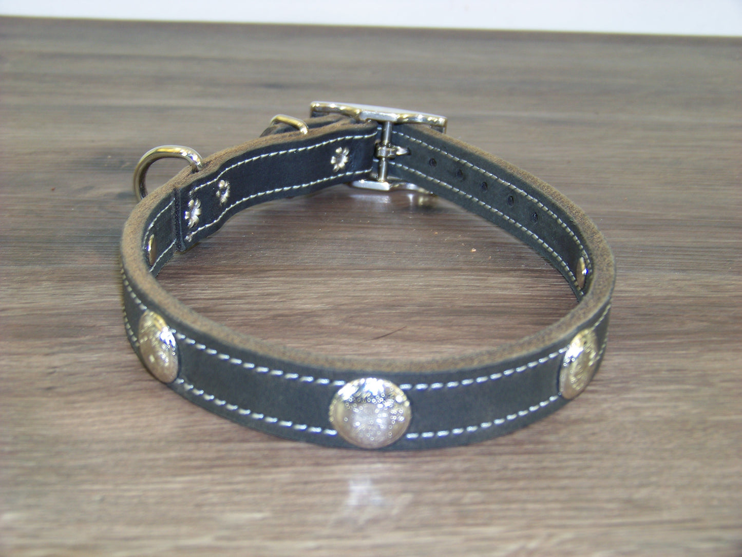 B) SALE - Durable Latigo Leather Dog Collar- 3/4" Wide- Stainless Western Concho Accents