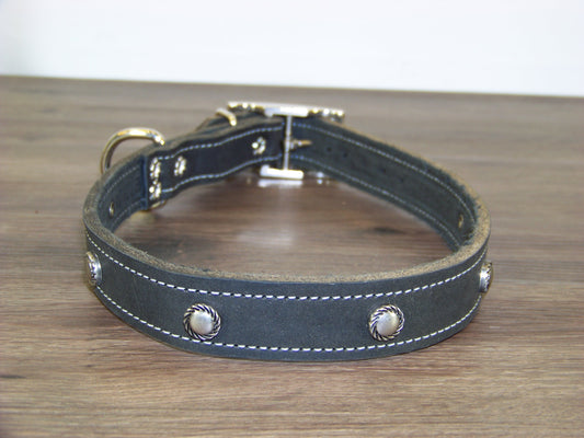 C) SALE - Durable Latigo Leather Dog Collar- 1" Wide- Rope Conchos