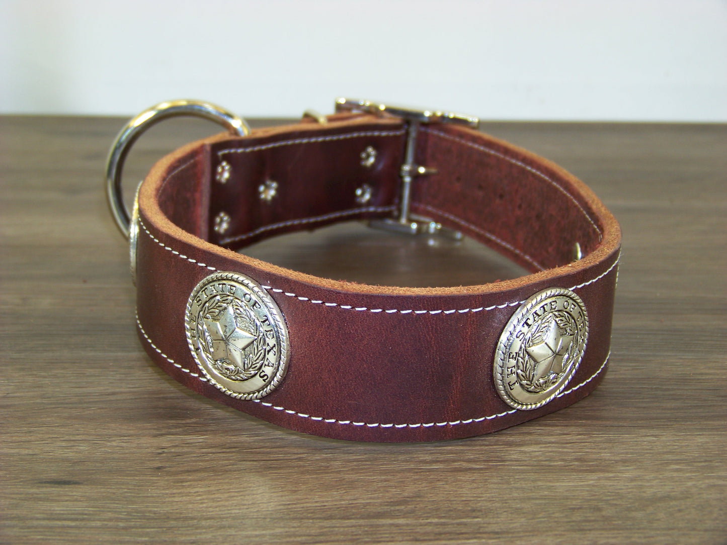 D) SALE - Durable Latigo Leather Dog Collar- 1-1/2" Wide- State Seal of Texas Conchos