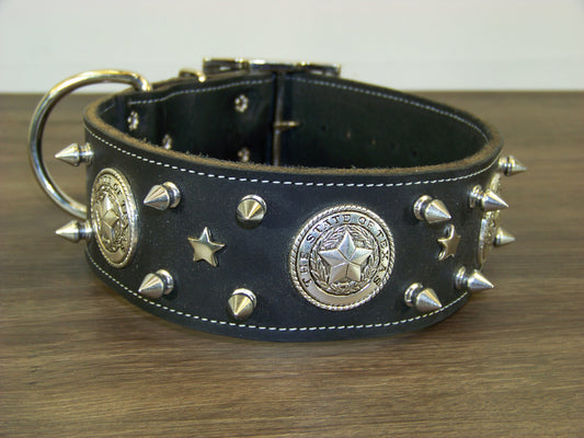 E) SALE - Durable Latigo Leather Dog Collar-2" Wide- Texas Conchos with Spikes