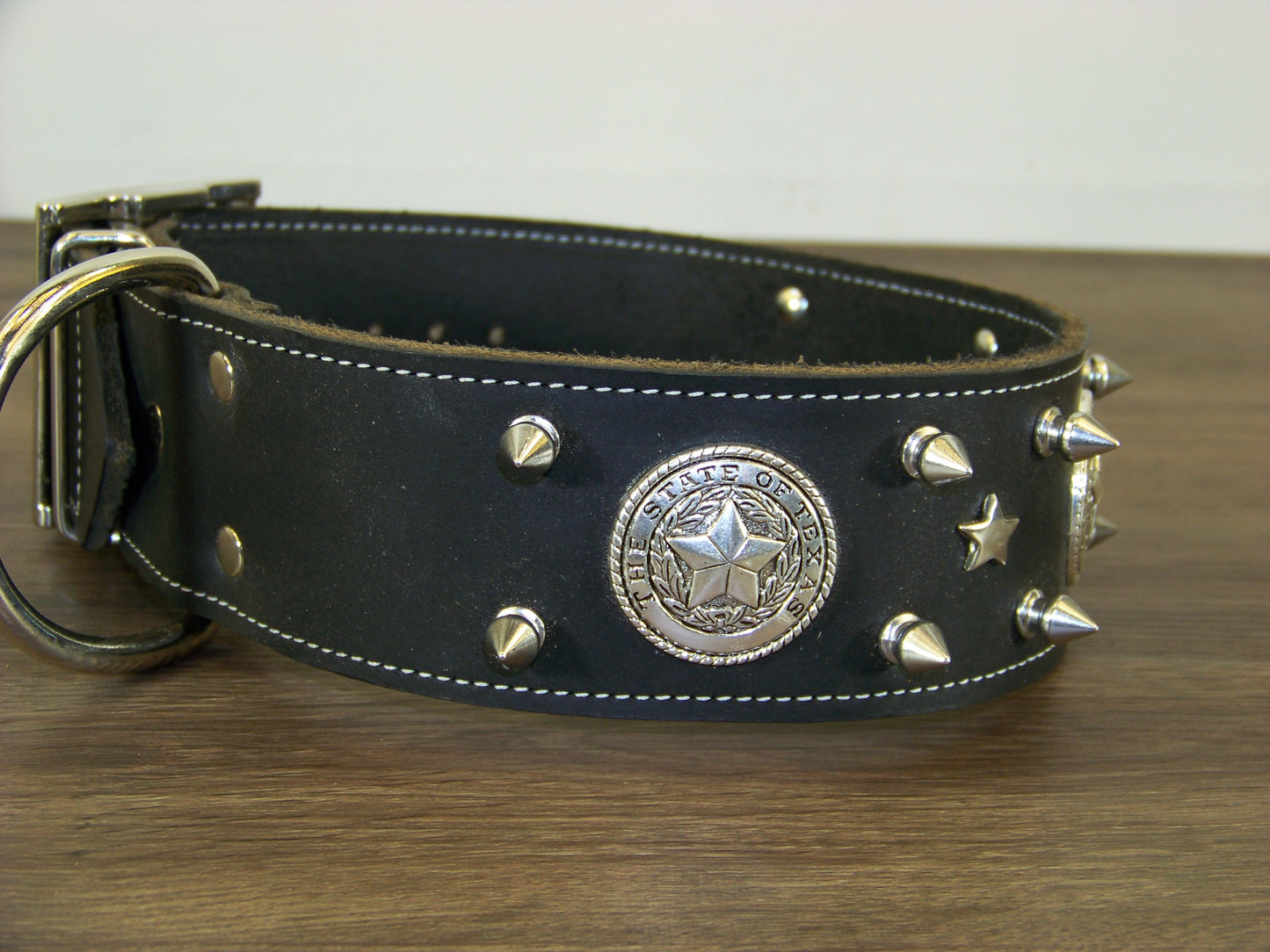 E) SALE - Durable Latigo Leather Dog Collar-2" Wide- Texas Conchos with Spikes