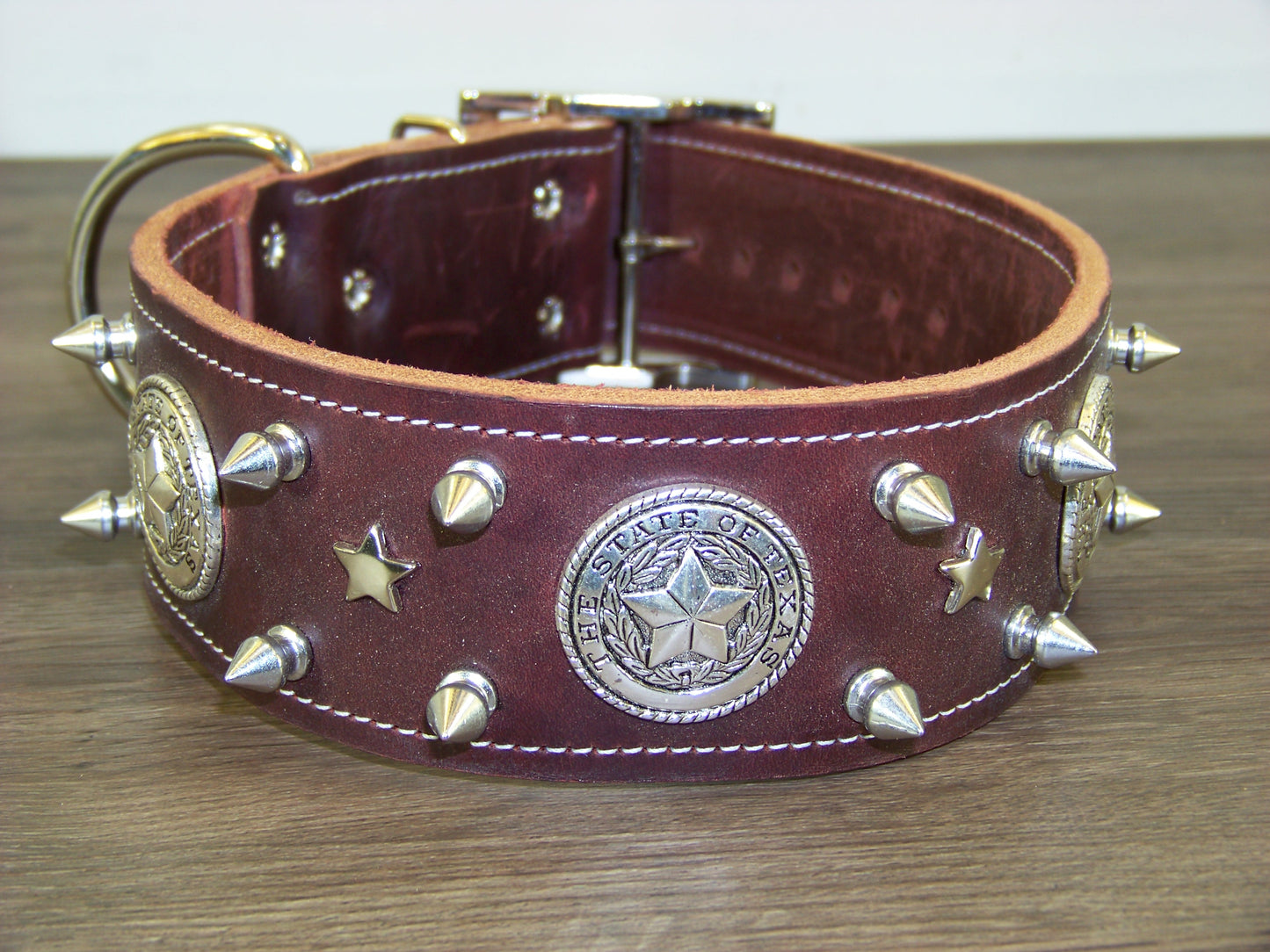 E) SALE - Durable Latigo Leather Dog Collar-2" Wide- Texas Conchos with Spikes