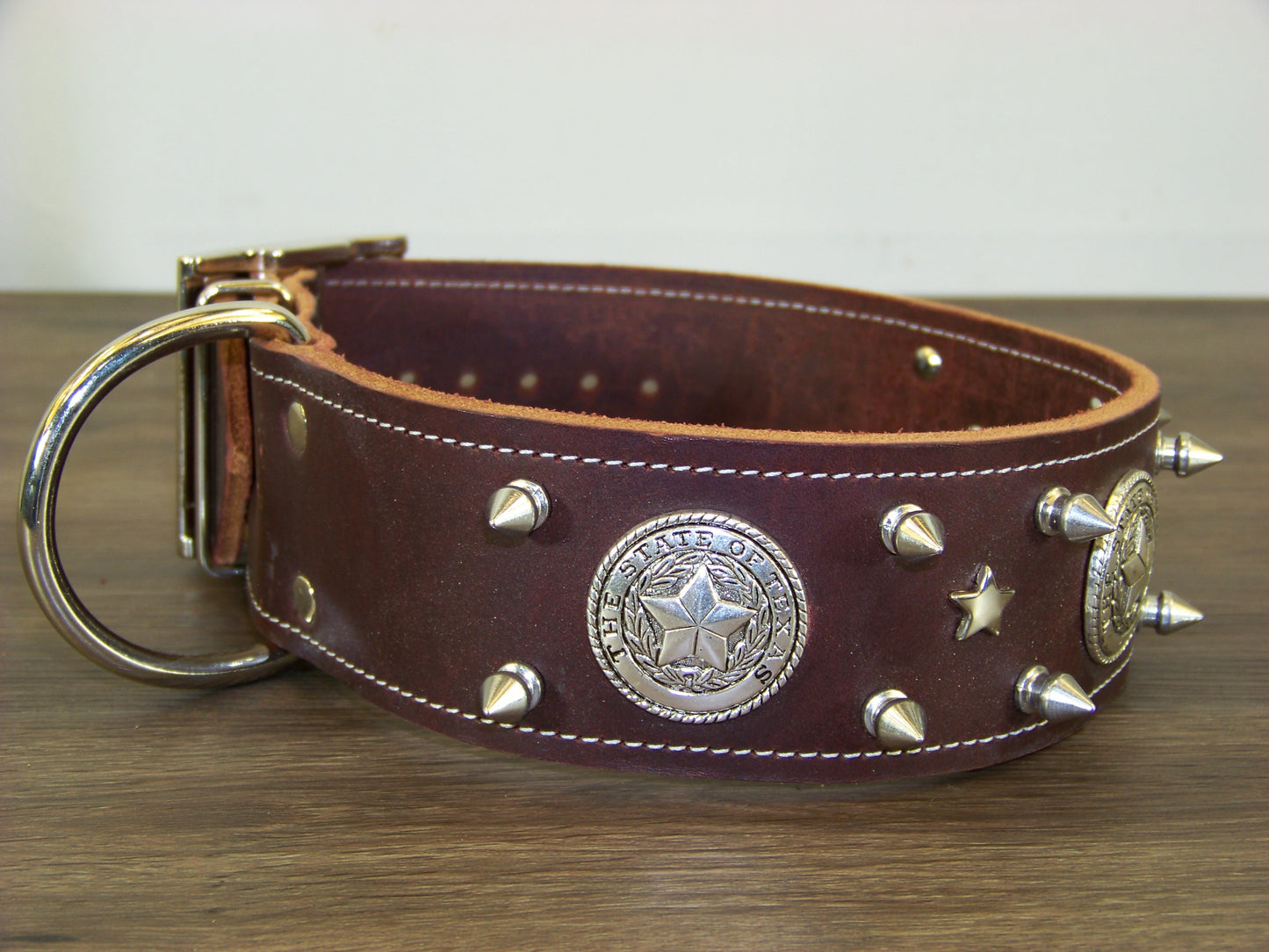 E) SALE - Durable Latigo Leather Dog Collar-2" Wide- Texas Conchos with Spikes