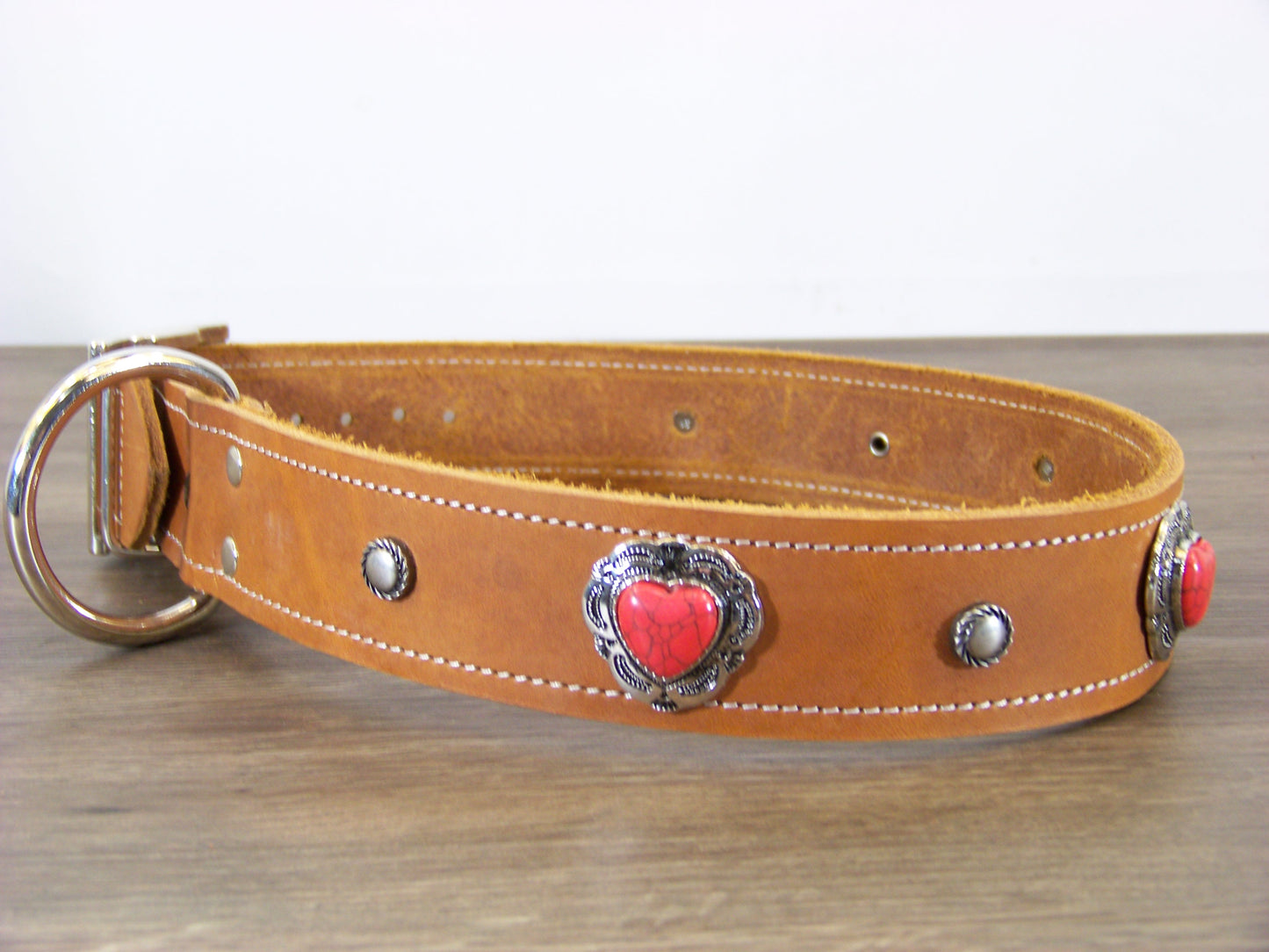 D) SALE - Durable Latigo Leather Dog Collar- 1-1/2" Wide- Red Turquoise Conchos and Dome Rivets