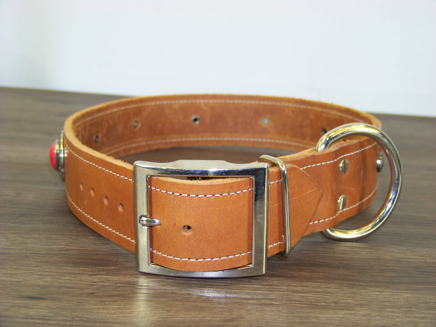 D) SALE - Durable Latigo Leather Dog Collar- 1-1/2" Wide- Red Turquoise Conchos and Dome Rivets