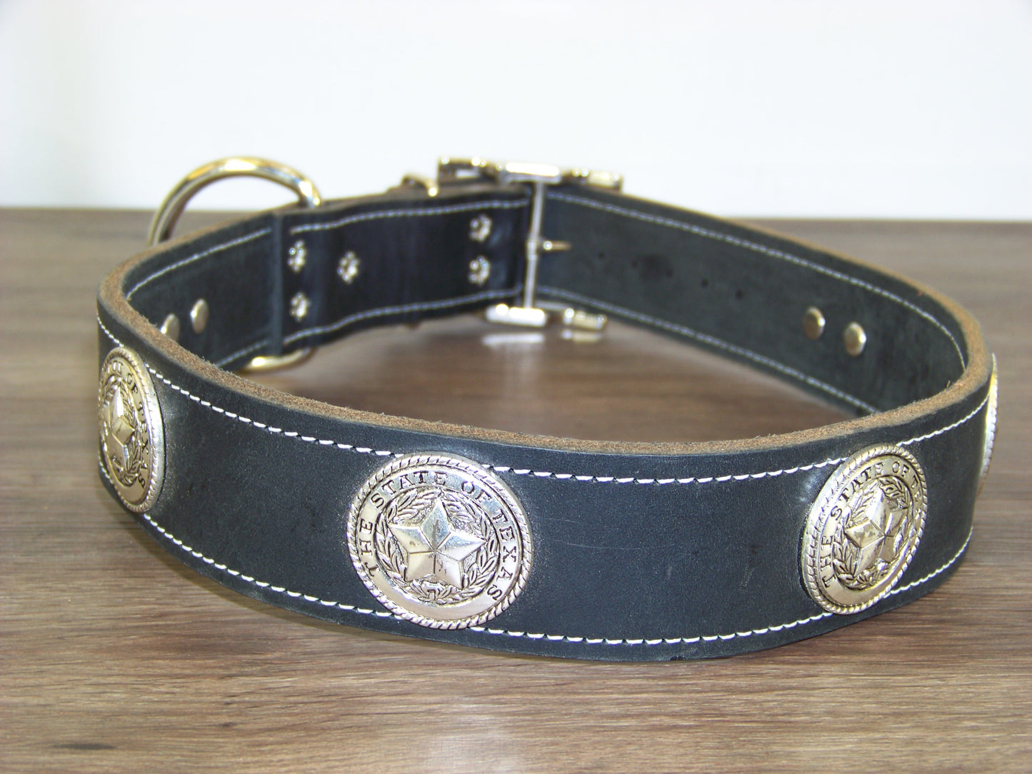 D) SALE - Durable Latigo Leather Dog Collar- 1-1/2" Wide- State Seal of Texas Conchos