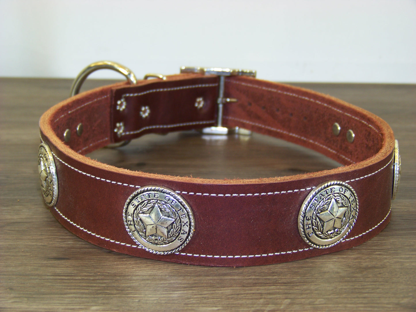 D) SALE - Durable Latigo Leather Dog Collar- 1-1/2" Wide- State Seal of Texas Conchos