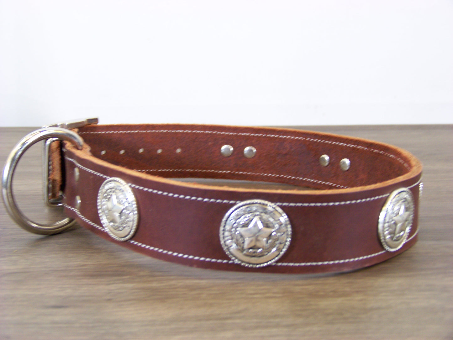 D) SALE - Durable Latigo Leather Dog Collar- 1-1/2" Wide- State Seal of Texas Conchos
