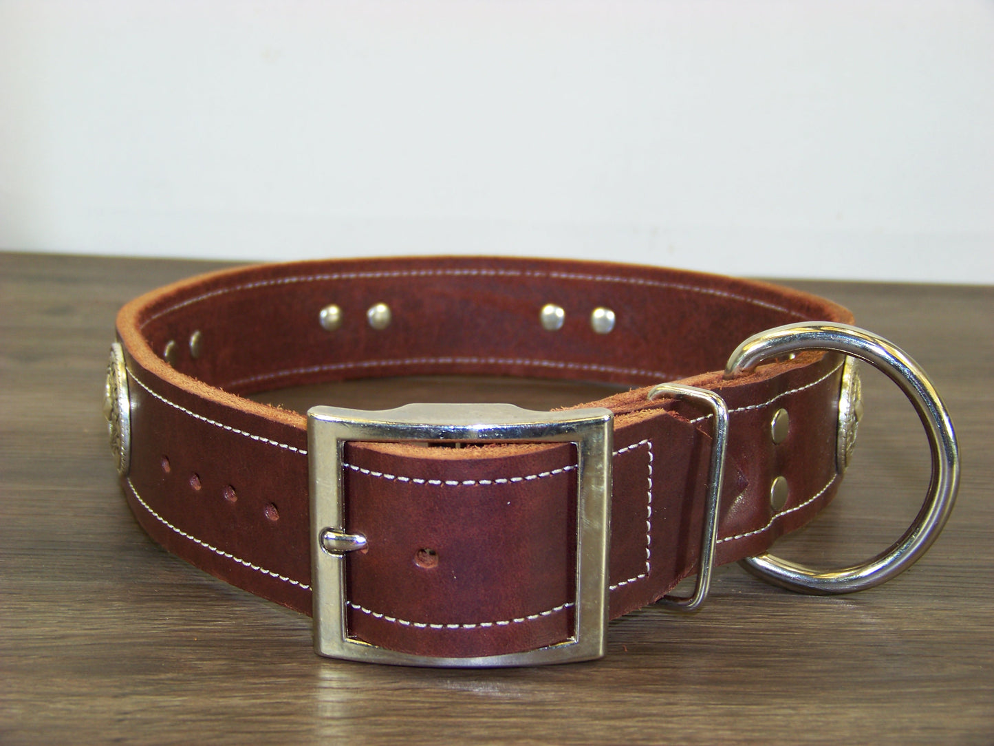 D) SALE - Durable Latigo Leather Dog Collar- 1-1/2" Wide- State Seal of Texas Conchos