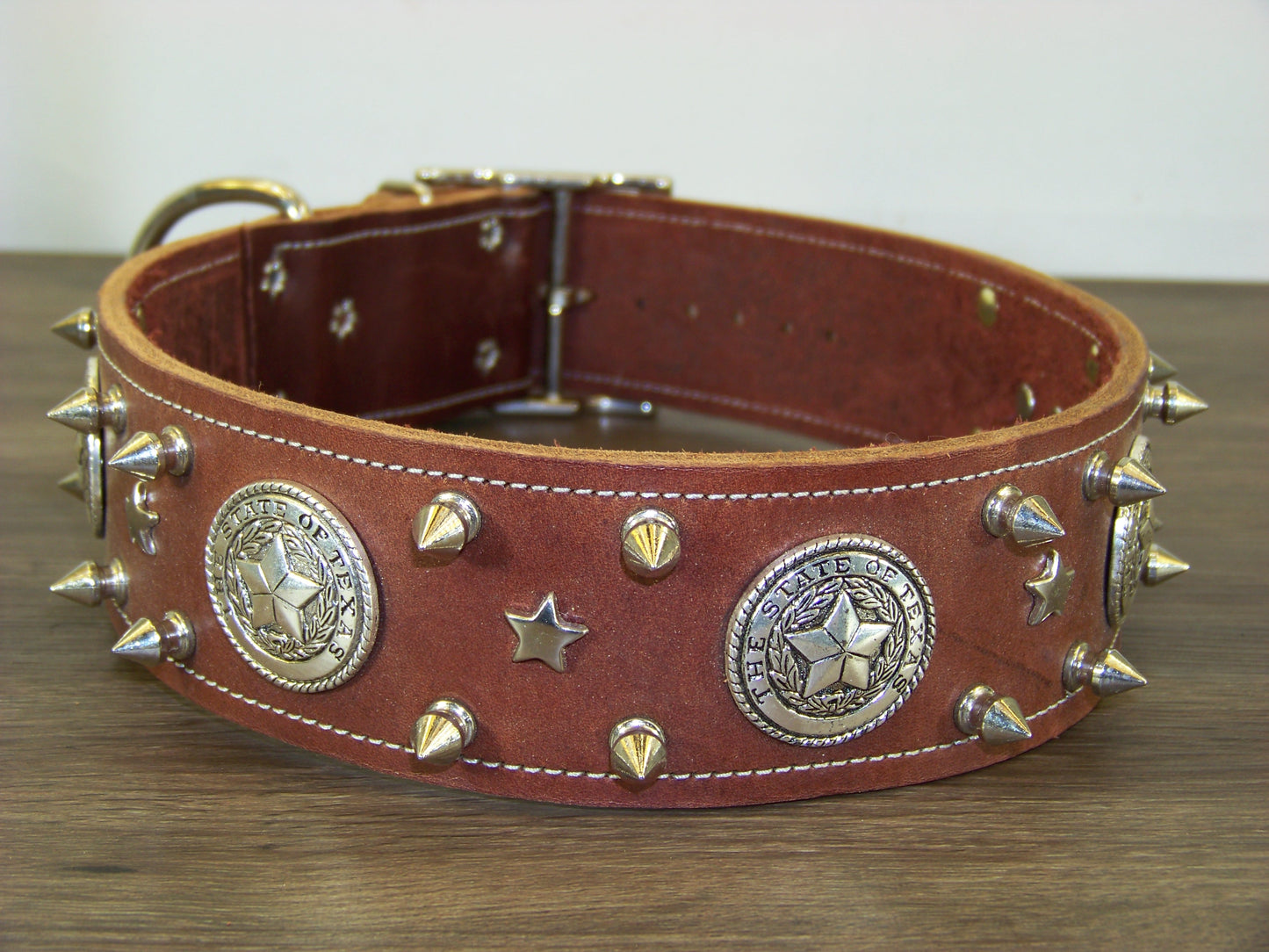 E) SALE - Durable Latigo Leather Dog Collar-2" Wide- Texas Conchos with Spikes
