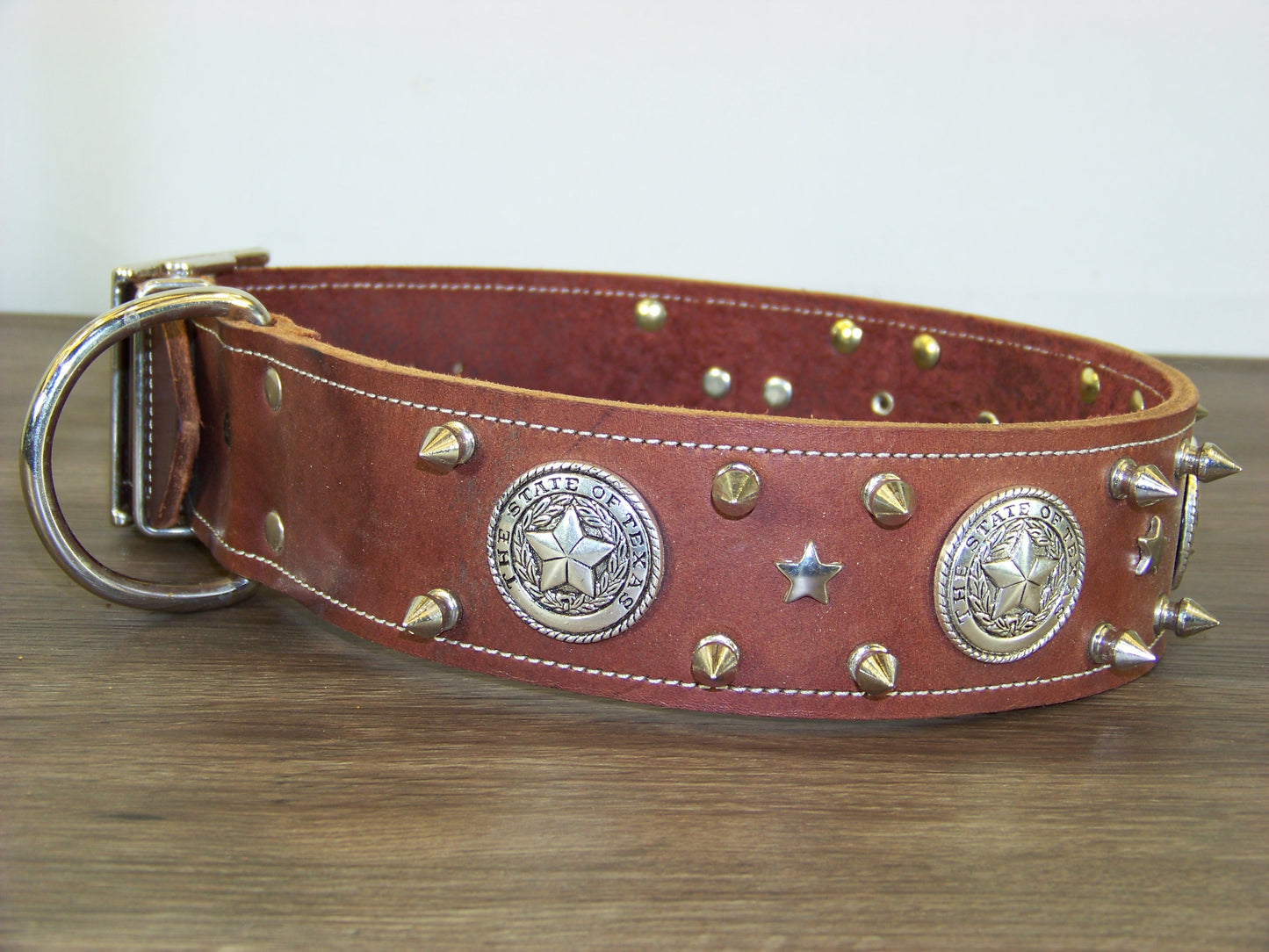 E) SALE - Durable Latigo Leather Dog Collar-2" Wide- Texas Conchos with Spikes