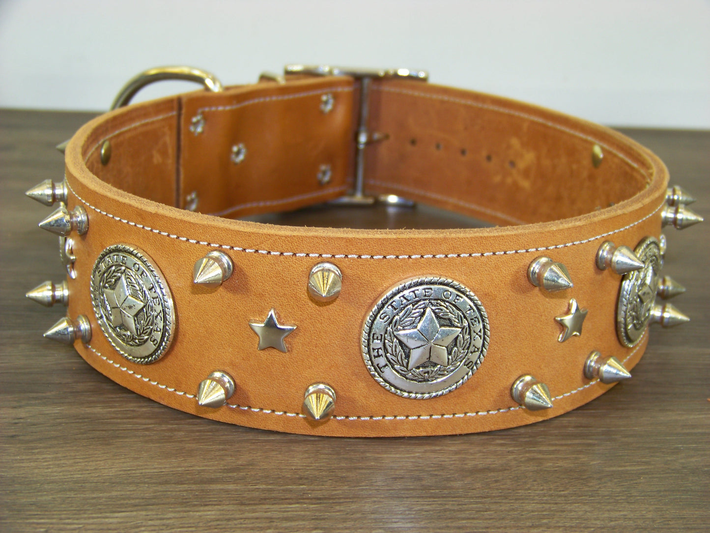 E) SALE - Durable Latigo Leather Dog Collar-2" Wide- Texas Conchos with Spikes