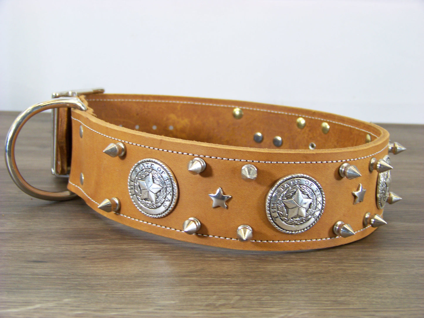 E) SALE - Durable Latigo Leather Dog Collar-2" Wide- Texas Conchos with Spikes