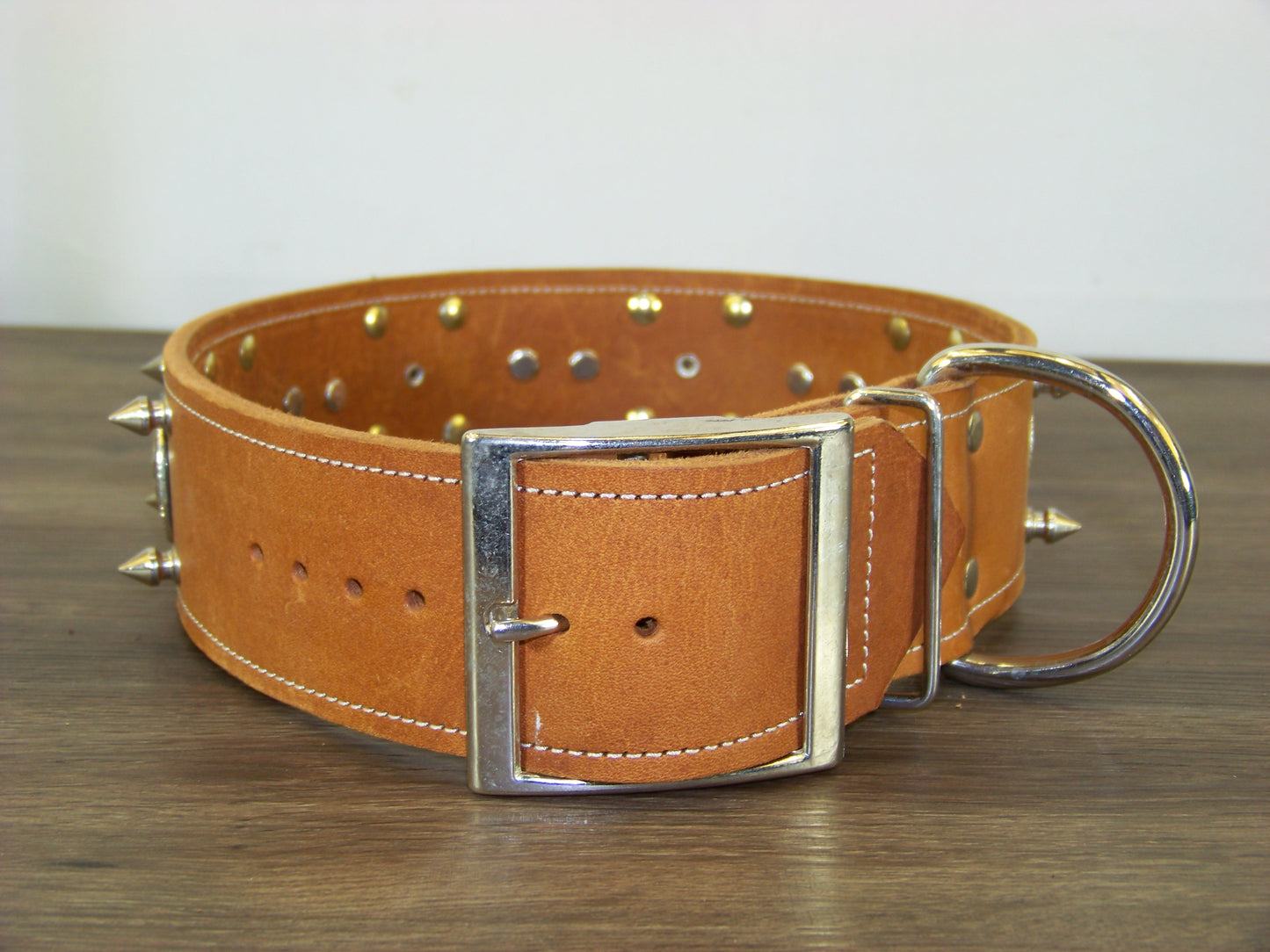 E) SALE - Durable Latigo Leather Dog Collar-2" Wide- Texas Conchos with Spikes