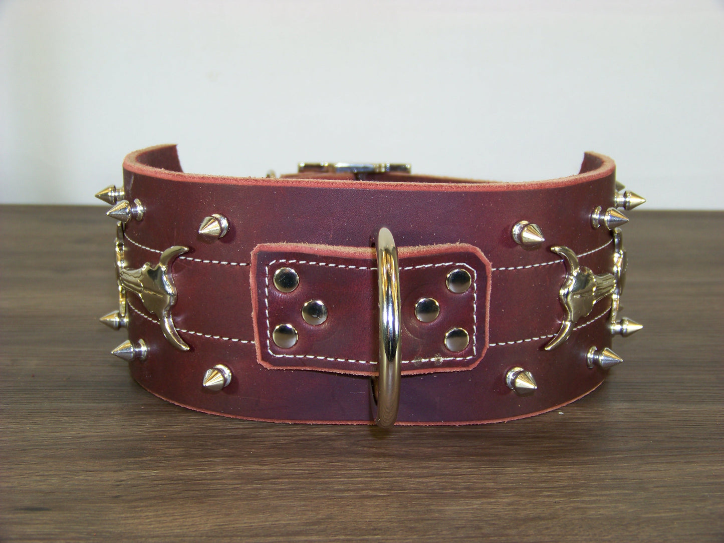 F) Durable Latigo Leather Dog Collar- 3" Wide- Spikes and Longhorn Conchos