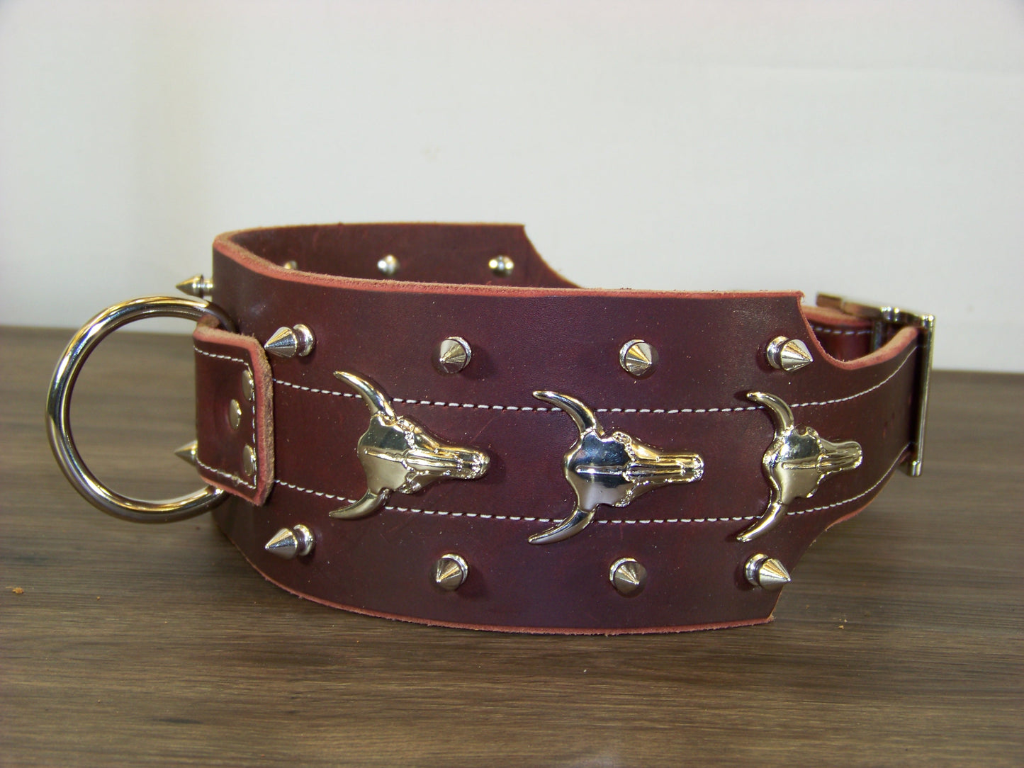 F) Durable Latigo Leather Dog Collar- 3" Wide- Spikes and Longhorn Conchos