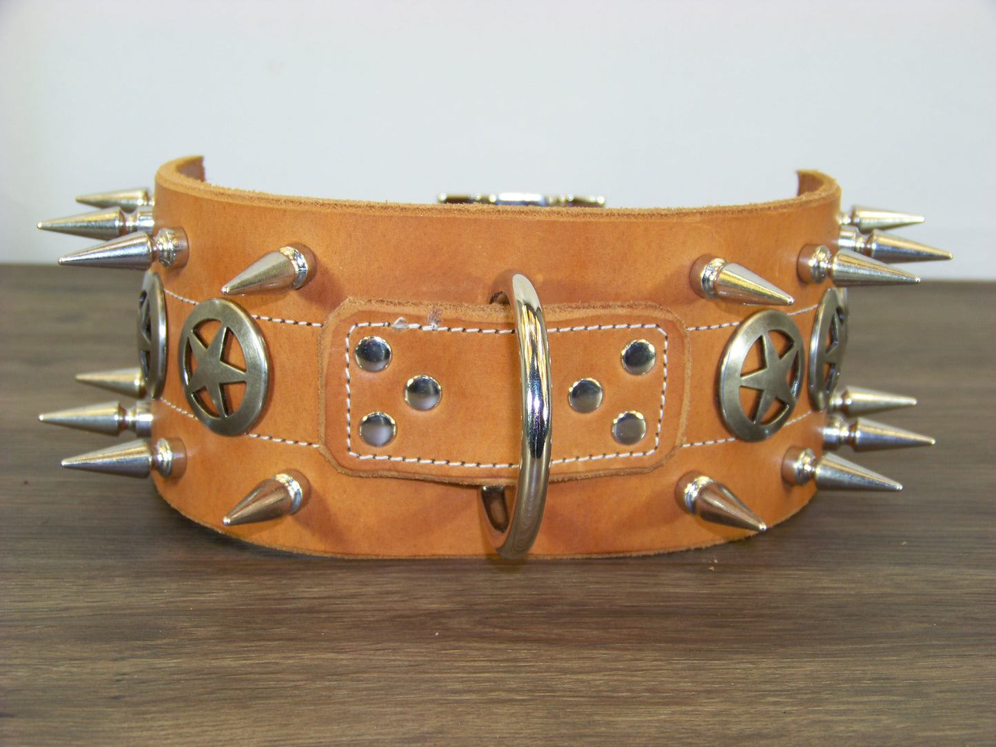 F) Durable Latigo Leather Dog Collar- 3" Wide- Double Row Spikes and Star Conchos