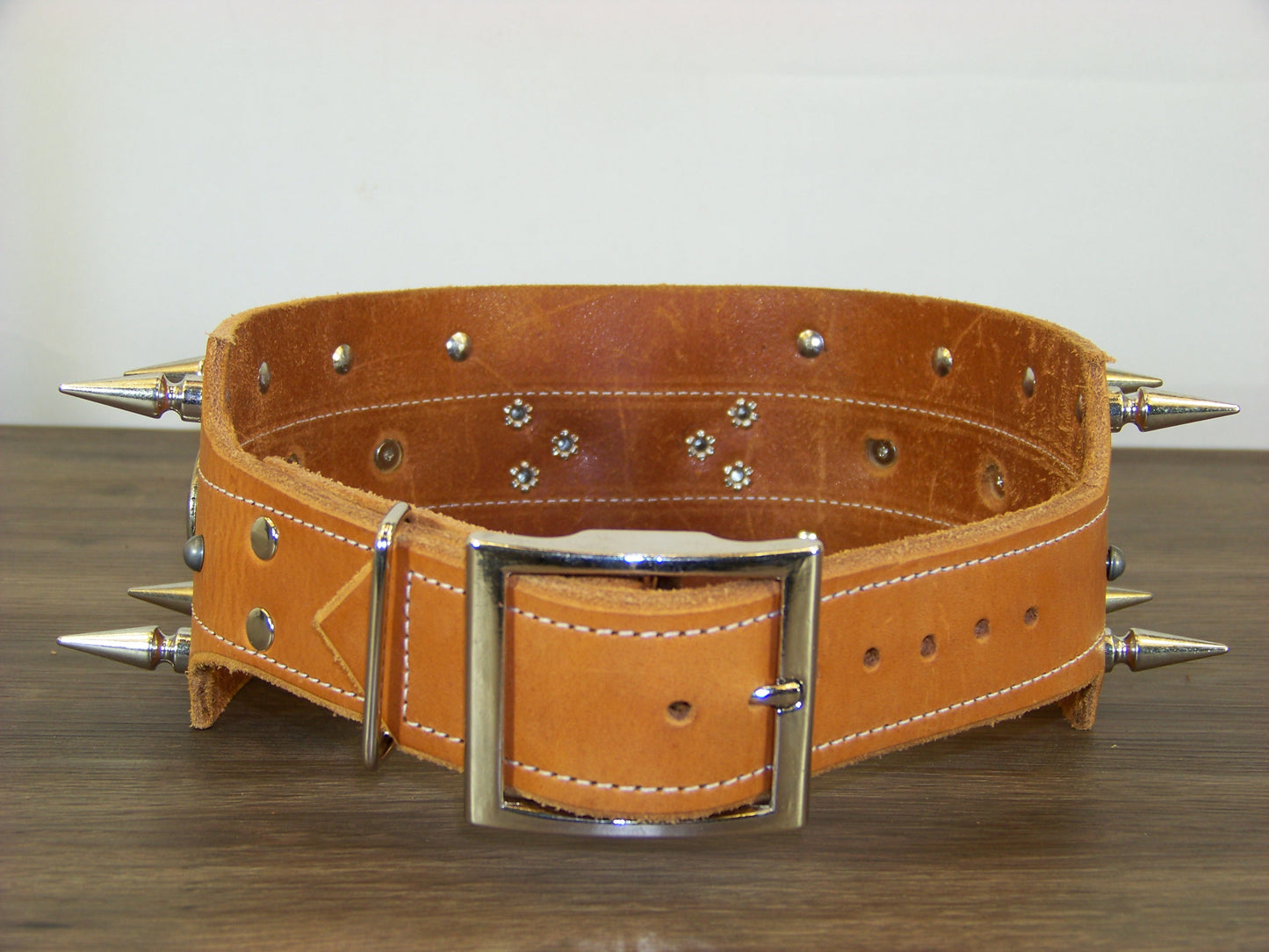 F) Durable Latigo Leather Dog Collar- 3" Wide- Double Row Spikes and Star Conchos
