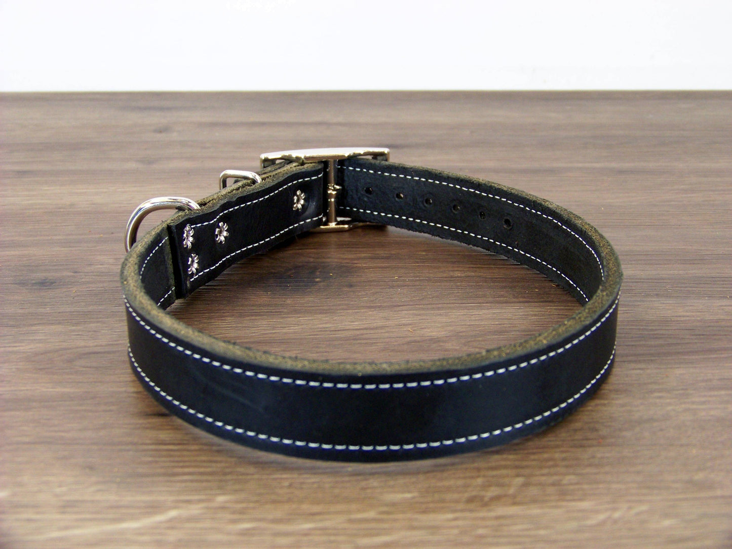 C)   1" Wide Leather Dog Collar - The Big Reggie - Premium Latigo Leather for Larger Dogs