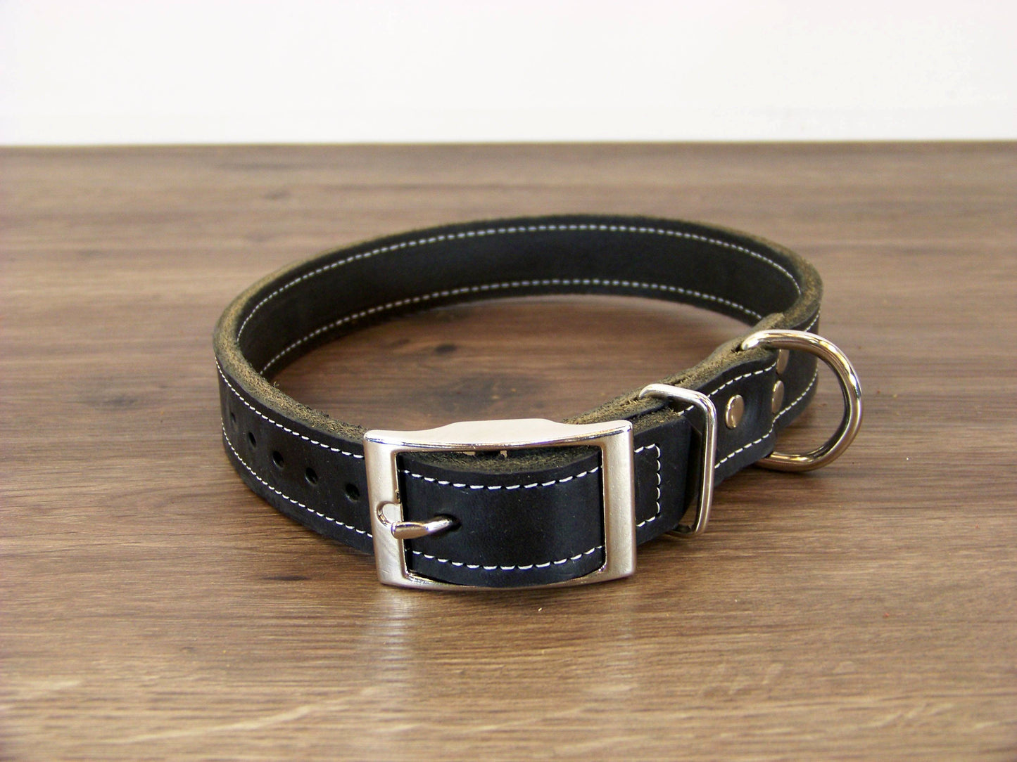 C)   1" Wide Leather Dog Collar - The Big Reggie - Premium Latigo Leather for Larger Dogs