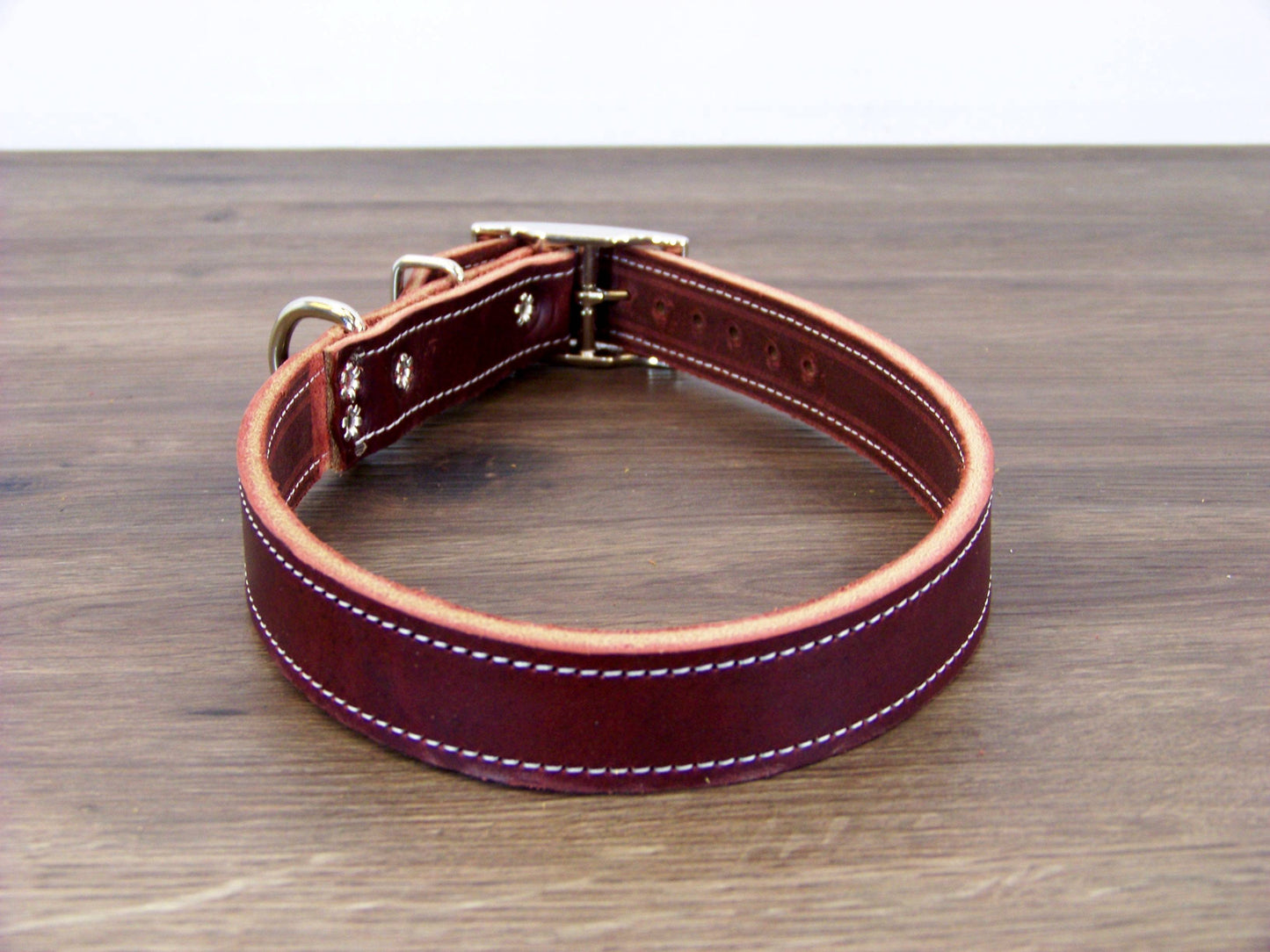 C)   1" Wide Leather Dog Collar - The Big Reggie - Premium Latigo Leather for Larger Dogs