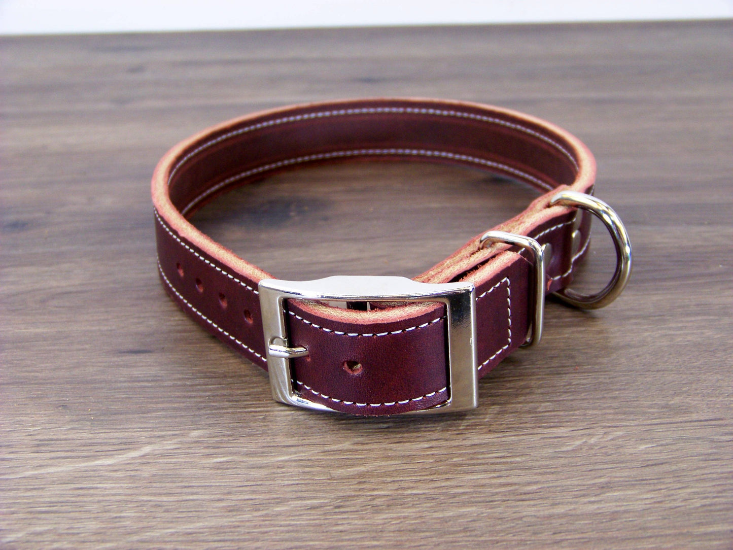 C)   1" Wide Leather Dog Collar - The Big Reggie - Premium Latigo Leather for Larger Dogs