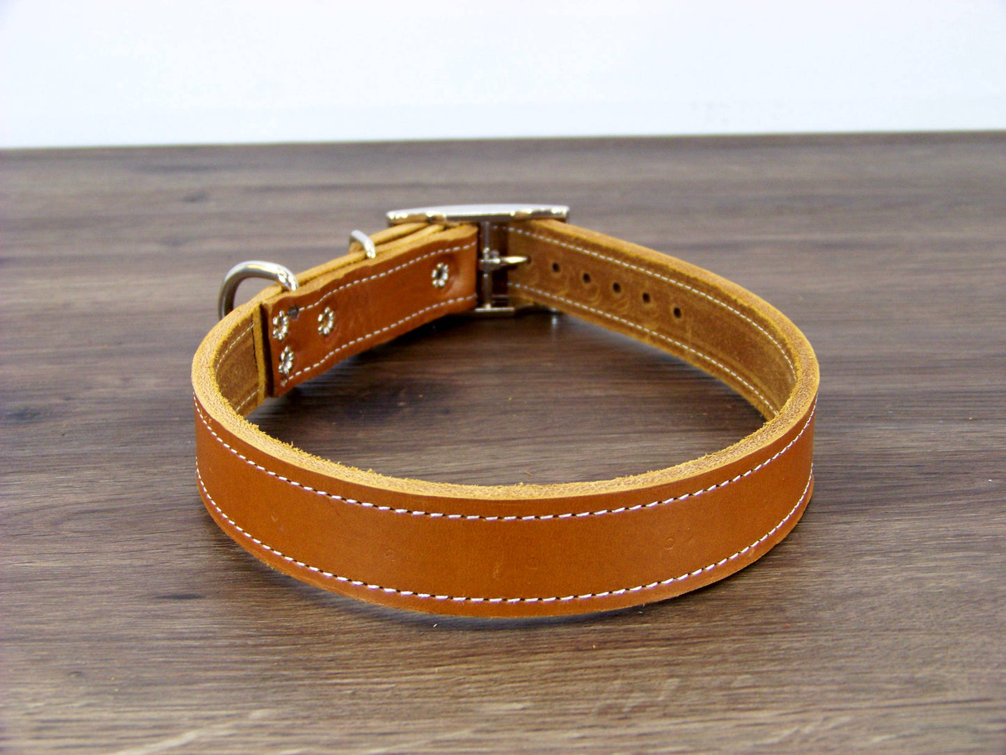 C)   1" Wide Leather Dog Collar - The Big Reggie - Premium Latigo Leather for Larger Dogs