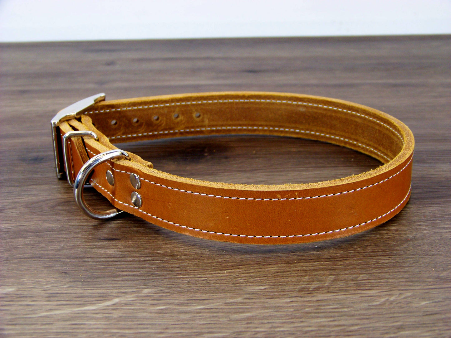 C)   1" Wide Leather Dog Collar - The Big Reggie - Premium Latigo Leather for Larger Dogs
