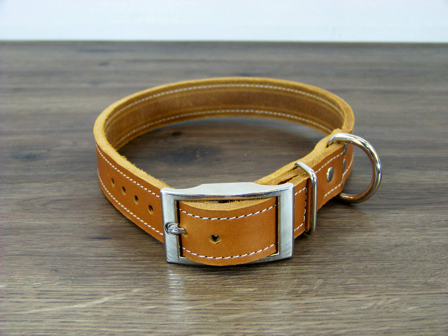 C)   1" Wide Leather Dog Collar - The Big Reggie - Premium Latigo Leather for Larger Dogs