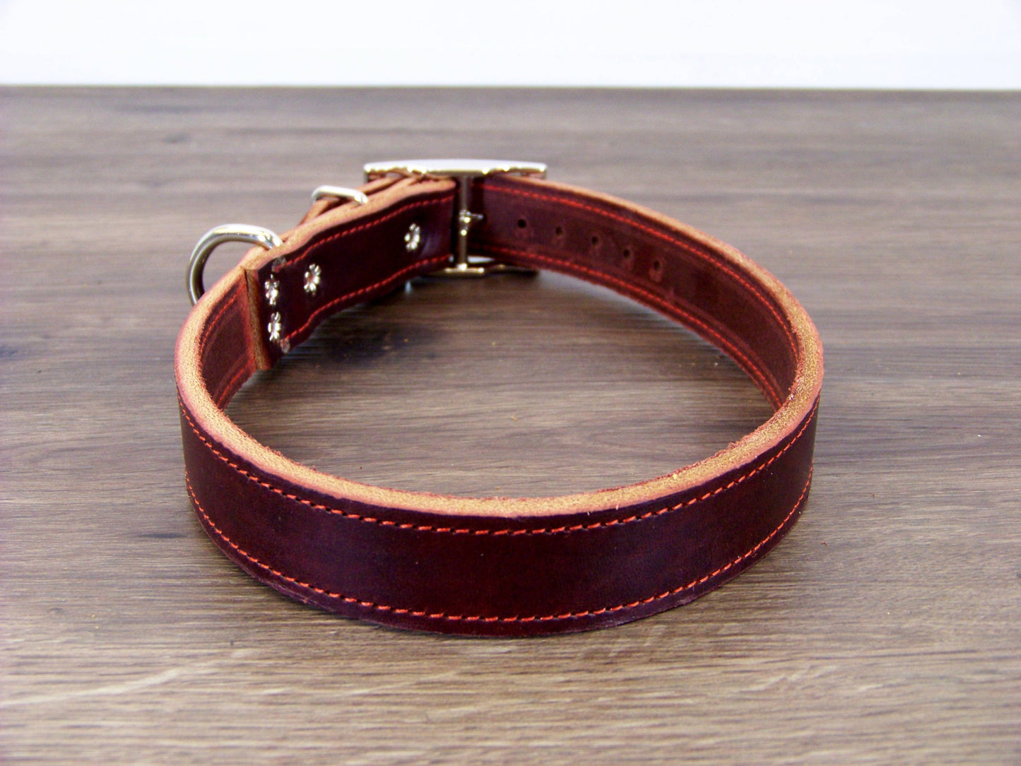 C)   1" Wide Leather Dog Collar - The Big Reggie - Premium Latigo Leather for Larger Dogs