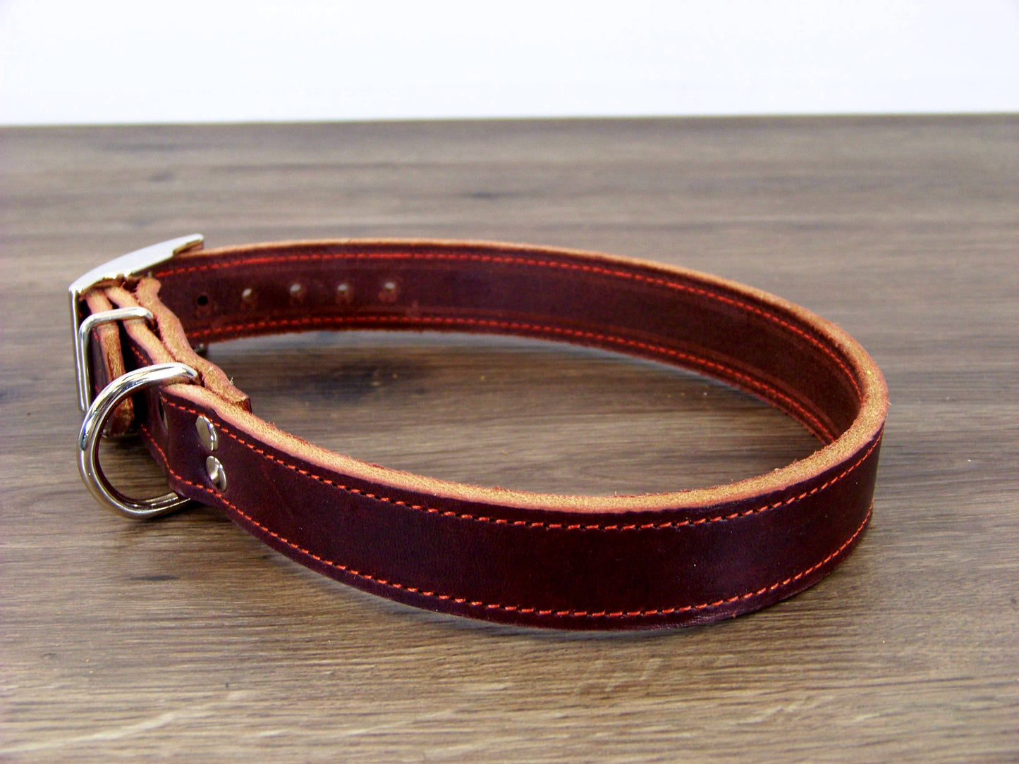C)   1" Wide Leather Dog Collar - The Big Reggie - Premium Latigo Leather for Larger Dogs