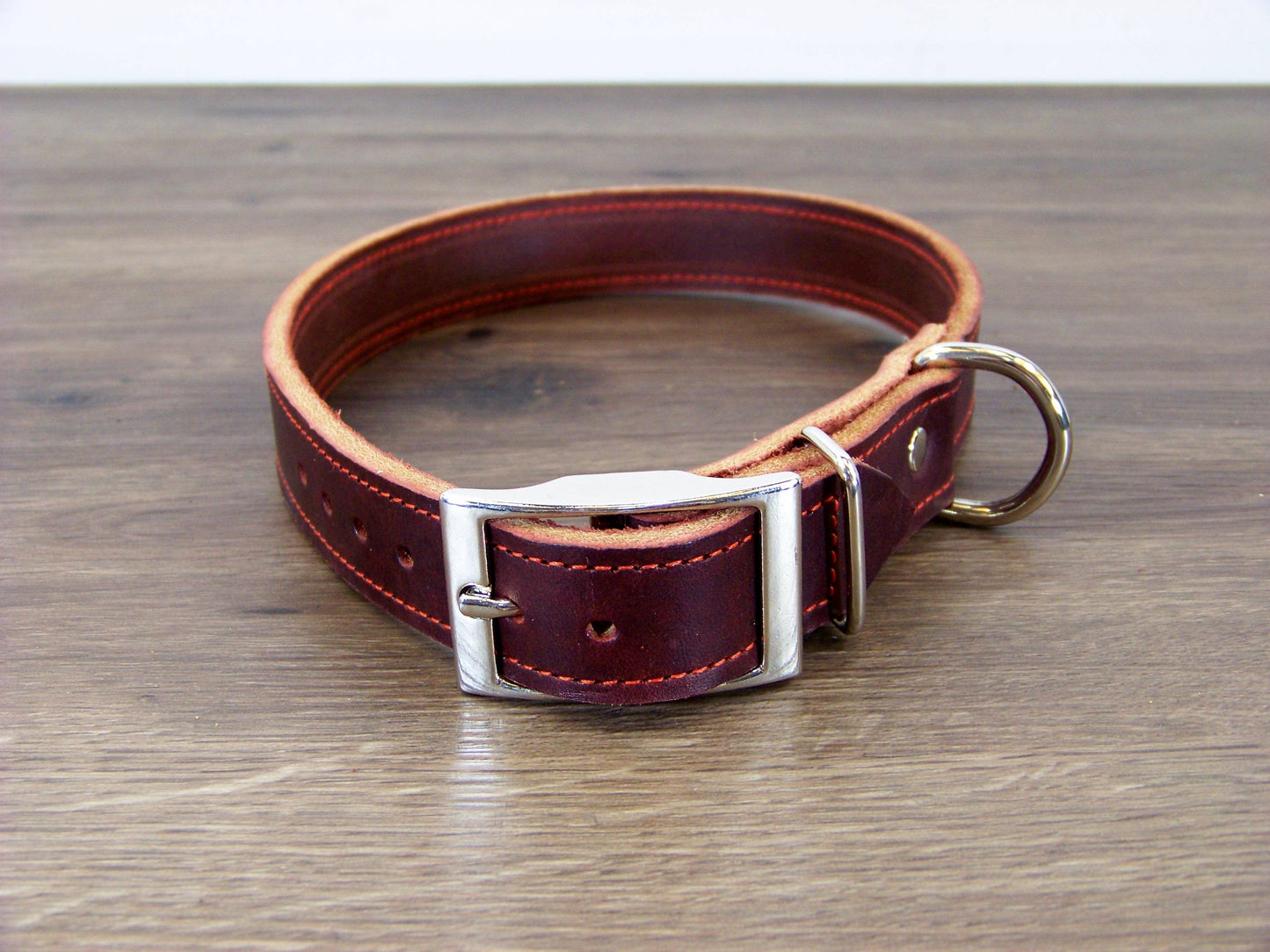C)   1" Wide Leather Dog Collar - The Big Reggie - Premium Latigo Leather for Larger Dogs
