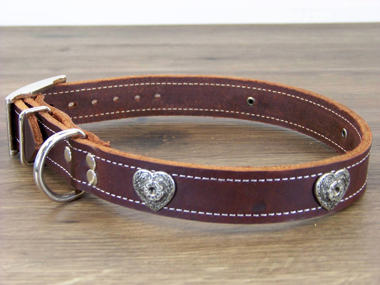 C)   1" Wide Leather Dog Collar - The Desert Heart - Featuring a Western Heart Concho