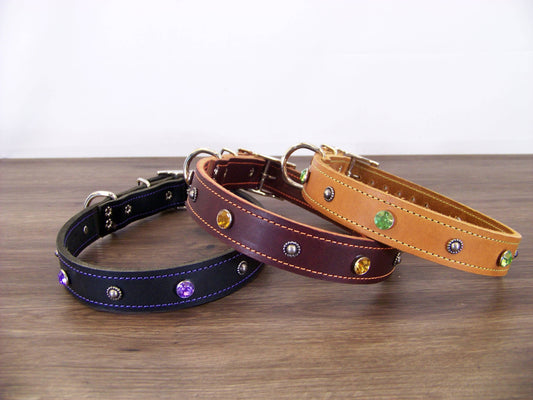 C)   1" Wide Leather Dog Collar- The Twinkler - Rhinestone Accents with Dome Rivets