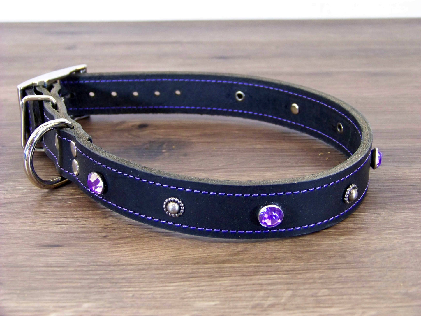 C)   1" Wide Leather Dog Collar- The Twinkler - Rhinestone Accents with Dome Rivets