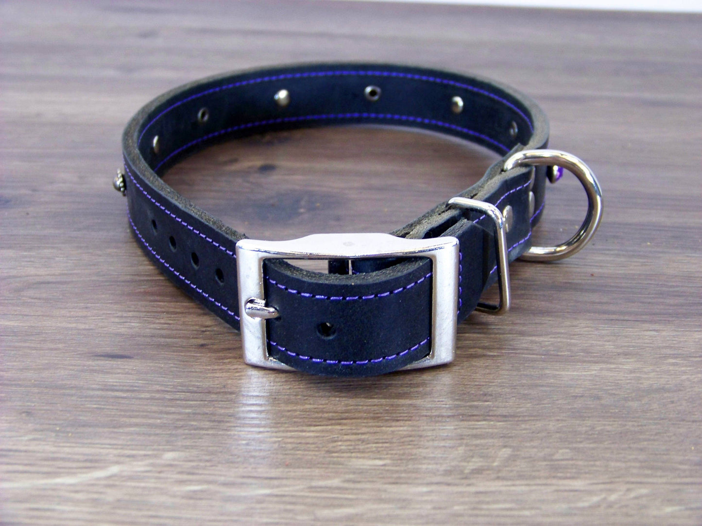 C)   1" Wide Leather Dog Collar- The Twinkler - Rhinestone Accents with Dome Rivets