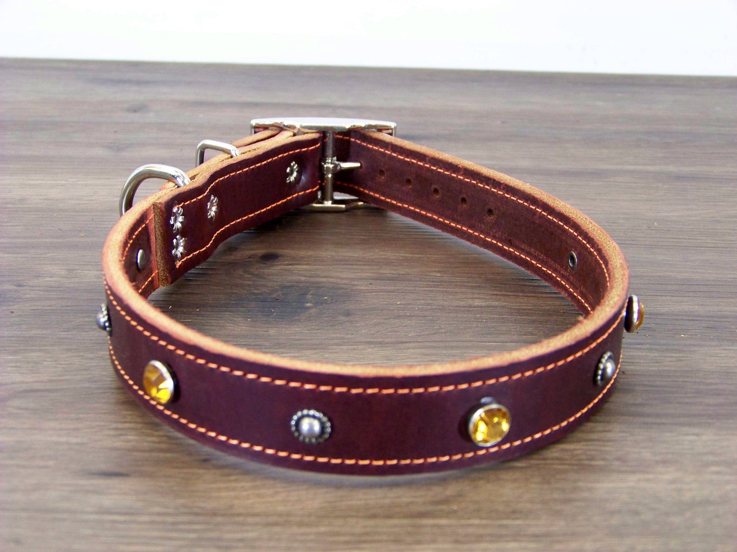 C)   1" Wide Leather Dog Collar- The Twinkler - Rhinestone Accents with Dome Rivets